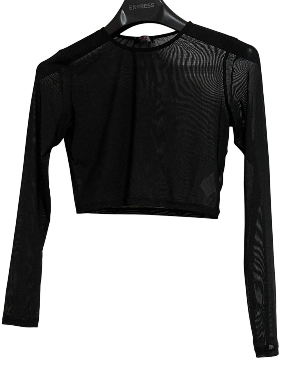ADOME Black Sheer Mesh Long Sleeve Crew Neck Cropped Top Shirt Small
